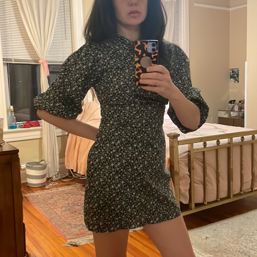 Free People Balloon-sleeve floral mini dress with high-neck and collar